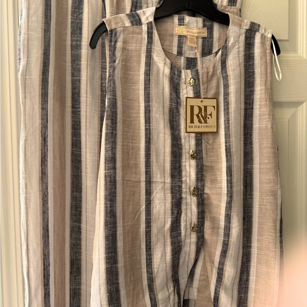 Linen Striped Sleeveless Button-Down Vest and match wide leg pants NWT